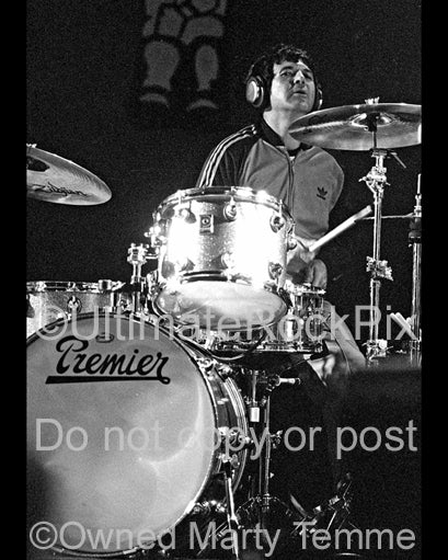 Photo of drummer Clem Burke of Blondie in concert in 2002 by Marty Temme