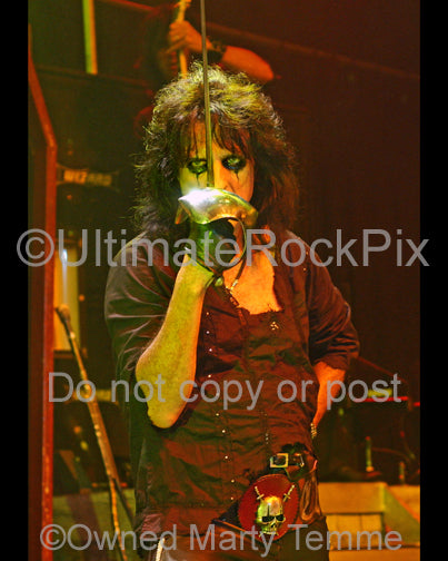 Photo of Alice Cooper holding a sword in concert in 2006 by Marty Temme