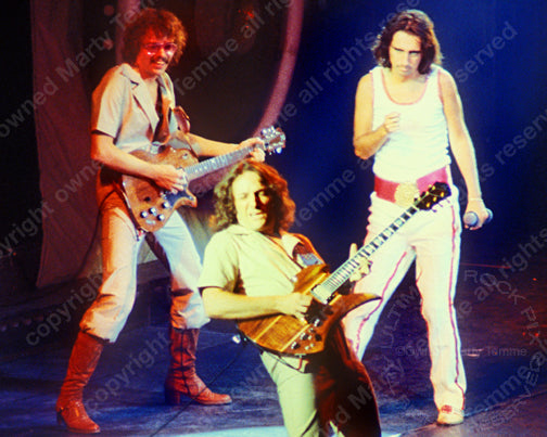 Photo of Alice Cooper, Steve Hunter and Dick Wagner in concert in 1975 by Marty Temme