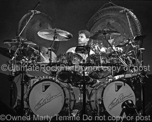 Black and white photo of Carl Palmer of Emerson, Lake & Palmer in concert in 1992 by Marty Temme