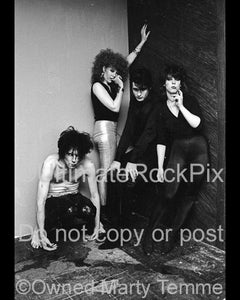 Black and white photo of Lux Interior and The Cramps backstage in 1979 by Marty Temme