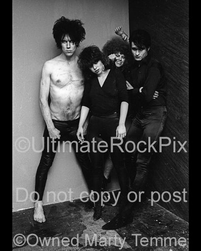 Black and white photo of The Cramps during a backstage photo shoot in 1979 by Marty Temme