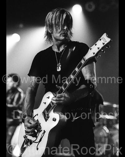 Black and White Photo of Billy Duffy of The Cult Playing a Gretsch White Falcon in Concert by Marty Temme