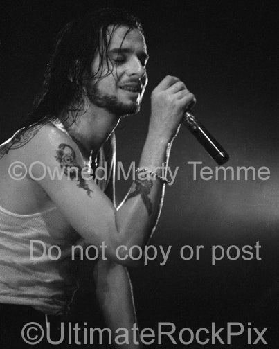 Black and white photo of David Gahan of Depeche Mode in concert by Marty Temme