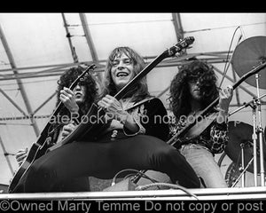 Photo of Danny Johnson, Rick Derringer and Kenny Aaronson of Derringer in concert in 1977 by Marty Temme