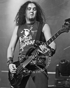 Black and white photo of Frédéric Leclercq of DragonForce in concert by Marty Temme