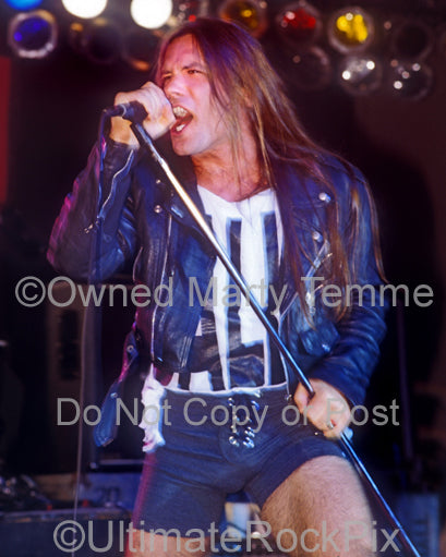 Photo of Bruce Dickinson of Iron Maiden singing onstage in 1994 in Los Angeles, California by Marty Temme