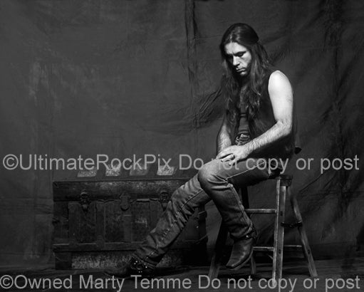 Black and white photo of Bruce Dickinson of Iron Maiden during a photo shoot in 1994 by Marty Temme