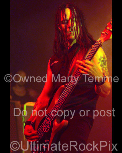 Photo of bassist John Moyer of Disturbed in concert by Marty Temme