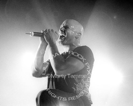 Black and white photo of David Draiman of Disturbed in concert by Marty Temme
