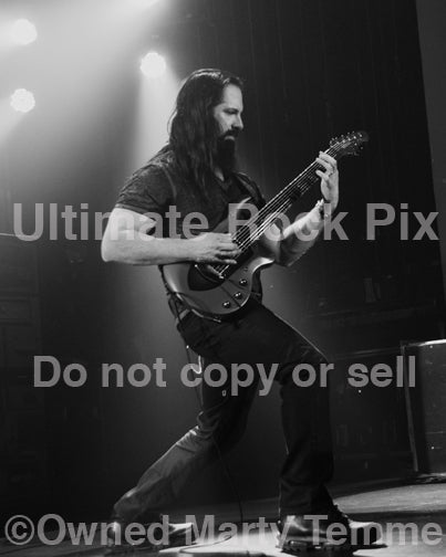 Black and white photo of John Petrucci of Dream Theater in concert by Marty Temme