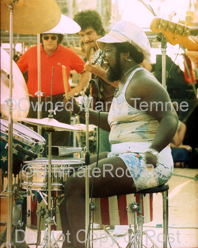 Photo of drummer Buddy Miles of Electric Flag in 1974 by Marty Temme