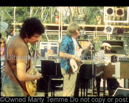Photo of Mike Bloomfield, Roger Troy and Barry Goldberg of Electric Flag in 1974 by Marty Temme