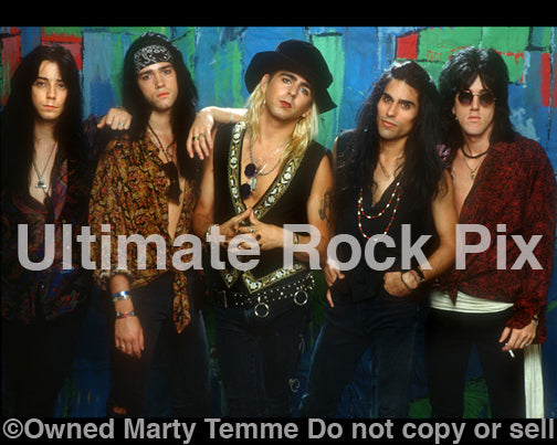 Photo of Taime Downe, Eric Stacy, Greg Steele, Brent Muscat and Brett Bradshaw of Faster Pussycat in 1990 by Marty Temme