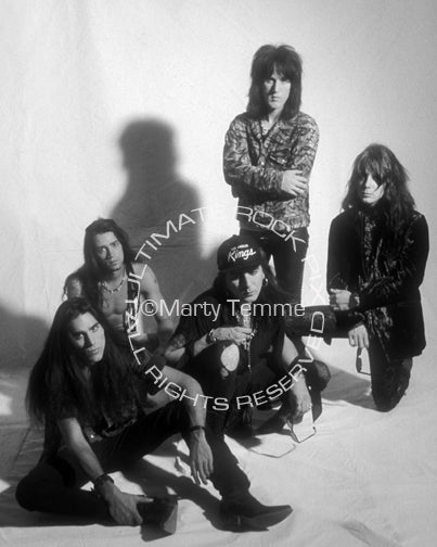 Black and white photo of Faster Pussycat in 1990 by Marty Temme