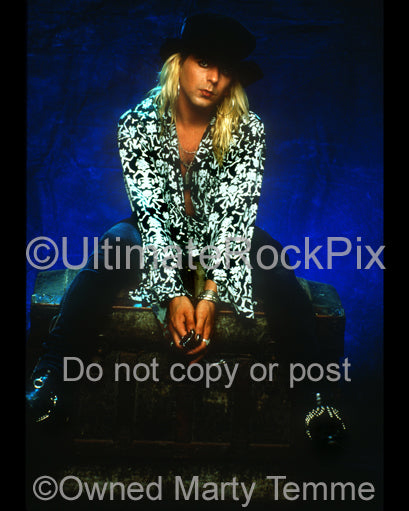 Photo of Taime Downe of Faster Pussycat during a photo shoot in 1990 by Marty Temme