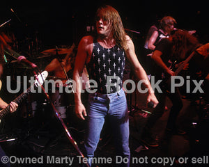 Photo of singer Eric "A.K." Knutson of Flotsam and Jetsam in concert in 1988 by Marty Temme