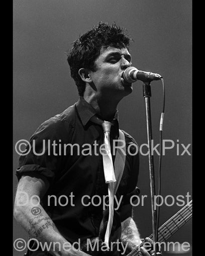 Black and white photo of Billie Joe Armstrong of Green Day in concert by Marty Temme