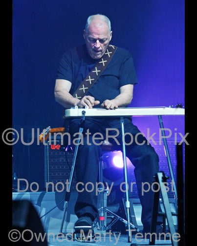 Photo of David Gilmour playing pedal steel guitar in concert by Marty Temme