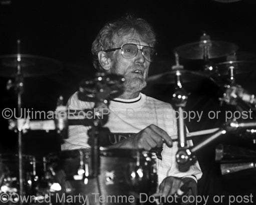 Photo of drummer Ginger Baker of Cream and Blind Faith in 1993 by Marty Temme