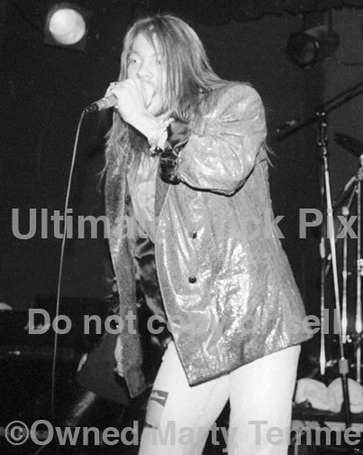Black and white photo of Axl Rose of Guns N' Roses in concert in 1989 by Marty Temme
