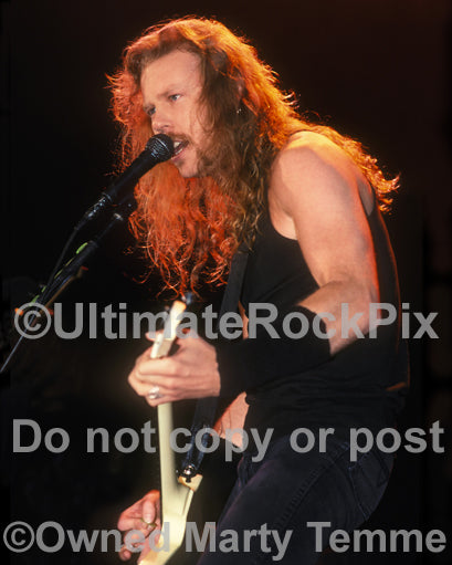 Photo of James Hetfield of Metallica performing in concert in 1989 by Marty Temme