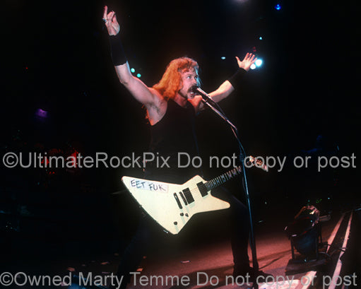 Photo of James Hetfield of Metallica interacting with the crowd in 1989 by Marty Temme
