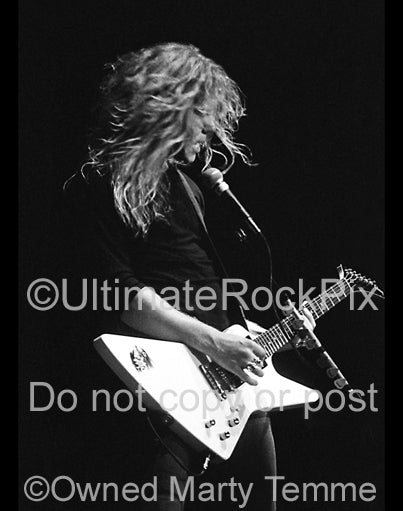 Black and white photo of James Hetfield of Metallica in concert in 1986 by Marty Temme
