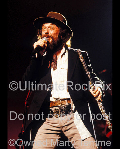 Photo of Ian Anderson of Jethro Tull performing in concert in 1989 by Marty Temme
