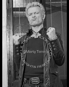 Black and white photo of Billy Idol during a photo shoot by Marty Temme