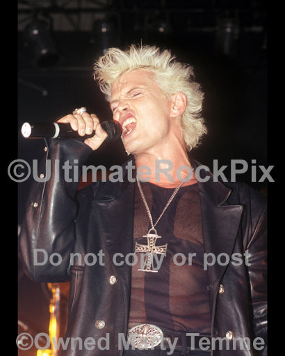 Photo of vocalist Billy Idol in concert in 1990 by Marty Temme