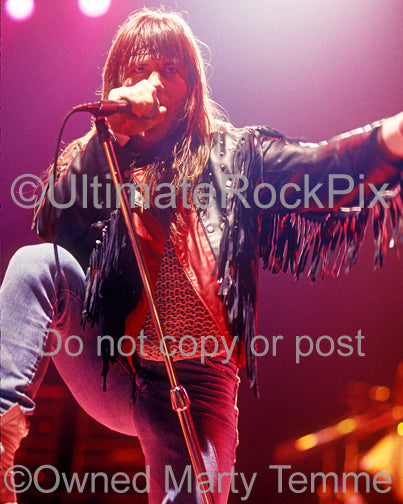 Photo of Bruce Dickinson of Iron Maiden singing in 1991 in Long Beach, California by Marty Temme