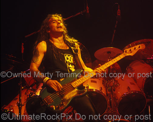 Photo of bassist Steve Harris of Iron Maiden in concert in 1991