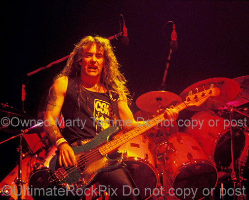 Photo of bass player Steve Harris of Iron Maiden in concert in 1991 by Marty Temme