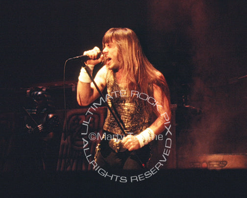 Photo of Bruce Dickinson of Iron Maiden onstage in 1985 by Marty Temme