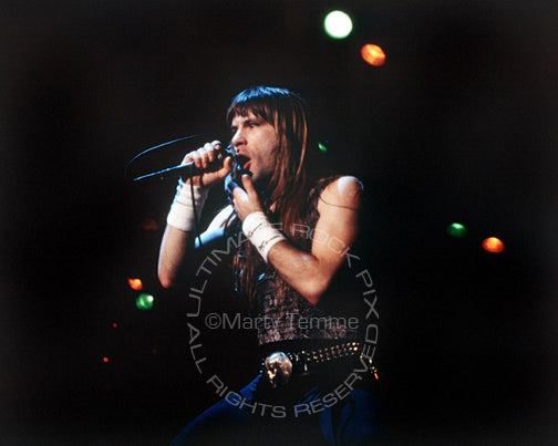 Photo of Bruce Dickinson of Iron Maiden in concert in 1985 by Marty Temme