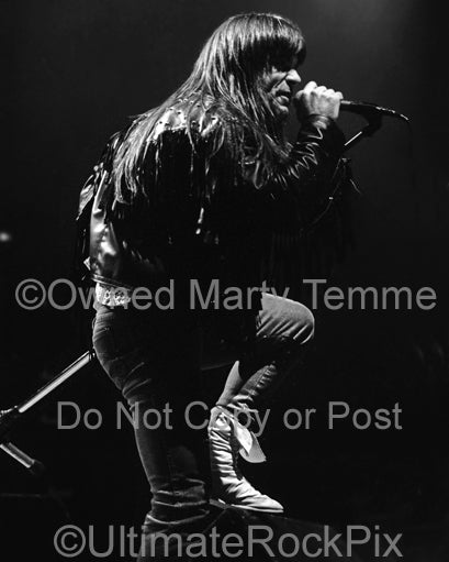Black and white photo of Bruce Dickinson of Iron Maiden in concert in 1991 by Marty Temme