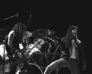 Black and white photo of Bruce Dickinson and Steve Harris in concert in 1991 by Marty Temme