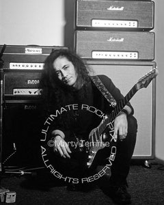 Black and white photo of Jake E. Lee with his guitar and amps in 1995 by Marty Temme