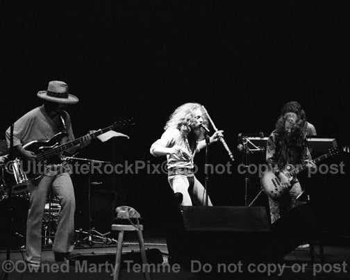 Photo of Ian Anderson and Jethro Tull in concert in 1973 by Marty Temme