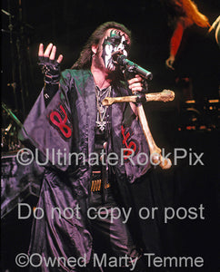 Photo of King Diamond performing in concert in 1988 by Marty Temme