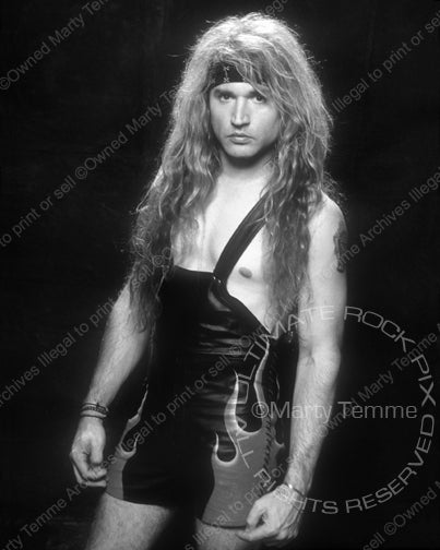 Black and white photo of drummer Eric Singer of Kiss during a photo shoot by Marty Temme