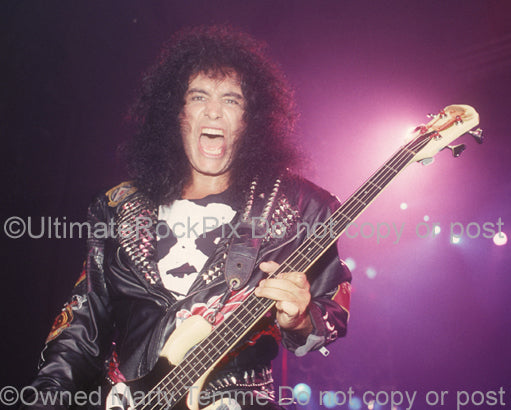 Photo of Gene Simmons of Kiss during a concert in 1990 by Marty Temme