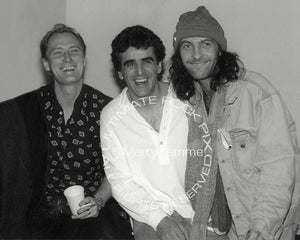 Photo of Geordie Walker, Jaz Coleman and Youth of Killing Joke backstage in 1994 by Marty Temme