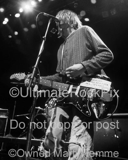 Black and white photo of Kurt Cobain of Nirvana onstage in 1991 by Marty Temme