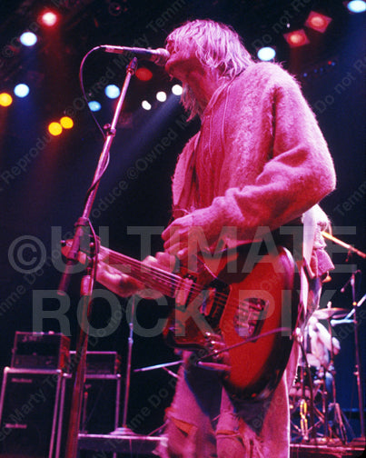 Photo of Kurt Cobain of Nirvana in concert in 1991 by Marty Temme