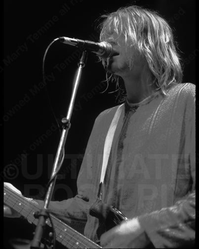 Black and white photo of Kurt Cobain of Nirvana in concert in 1991 by Marty Temme