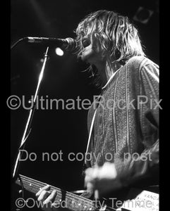 Black and white photo of Kurt Cobain of Nirvana singing in concert in 1991 by Marty Temme