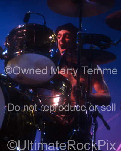 Photo of drummer Steve Riley of L.A. Guns in concert in 1991 by Marty Temme