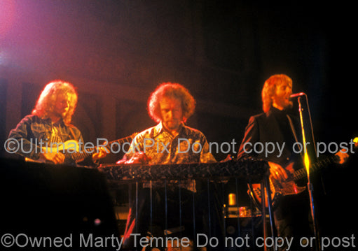 Photo of Bob Warford, Sneaky Pete Kleinow, and Andrew Gold of Linda Ronstadt in concert in 1973 by Marty Temme